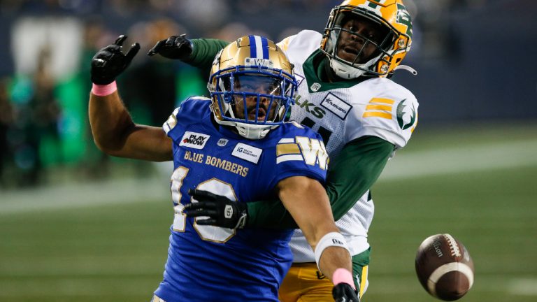 Winnipeg Blue Bombers’ Nic Demski (10) gets interfered with by Edmonton Elks' Darrius Bratton (24) in the end zone during first half CFL action in Winnipeg, Saturday, Oct. 21, 2023. (John Woods/CP)