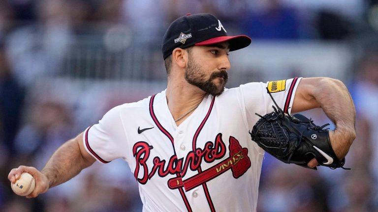 Atlanta Braves starting pitcher Spencer Strider (99) works during the first inning of Game 1 of a baseball NL Division Series against the Philadelphia Phillies, Saturday, Oct. 7, 2023, in Atlanta. (John Bazemore/AP Photo)