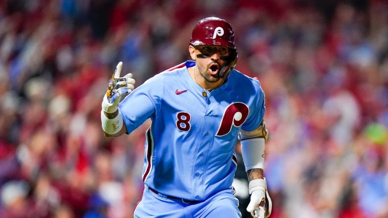 Philadelphia Phillies' Nick Castellanos reacts after hitting a home run during the sixth inning of Game 4 of a baseball NL Division Series against the Atlanta Braves Thursday, Oct. 12, 2023, in Philadelphia.(Chris Szagola/AP Photo)