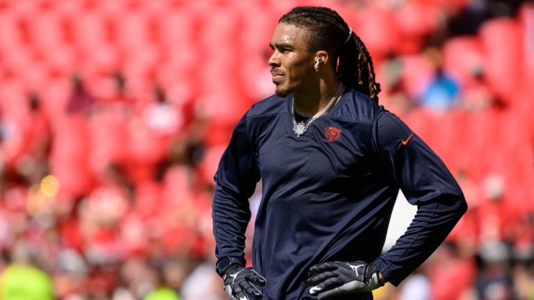 Wide receiver Chase Claypool takes a break during warmups before an NFL football game against the Kansas City Chiefs. (Reed Hoffmann/AP)