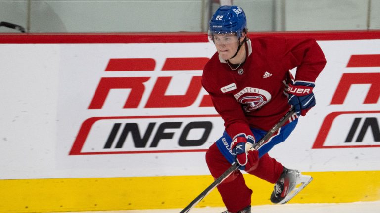 Montreal Canadiens Cole Caufield skates during the first day of training camp, Thursday, September 21, 2023 in Brossard, Que. (Ryan Remiorz/CP)