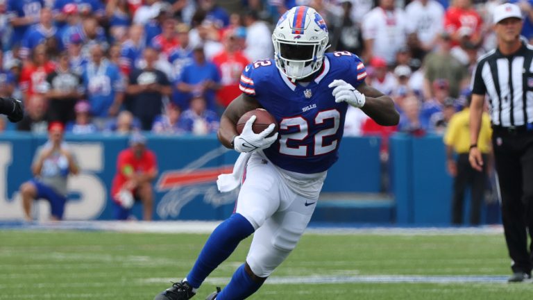 Buffalo Bills' Damien Harris (22) runs during the first half of an NFL football game against the Las Vegas Raiders, Sunday, Sept. 17, 2023, in Orchard Park, N.Y. (Jeffrey T. Barnes/AP)