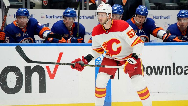 Calgary Flames defenseman Nick DeSimone skates during the third period of an NHL hockey game against the New York Islanders, Monday, Nov. 7, 2022, in Elmont, N.Y. The Islanders won 4-3 in overtime. (Julia Nikhinson/AP)