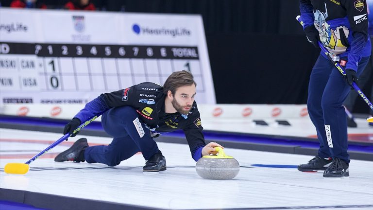 Team Edin's Oskar Eriksson shoots a stone during the HearingLife Tour Challenge Tier 1 men's final on Sunday, Oct. 23, 2022, in Grande Prairie, Alta. (Anil Mungal/GSOC)