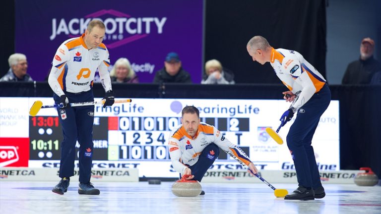 Brad Gushue (centre) shoots a stone during the seventh draw of the HearingLife Tour Challenge on Wednesday, Oct. 18, 2023, in Niagara Falls, Ont. (Anil Mungal/GSOC)