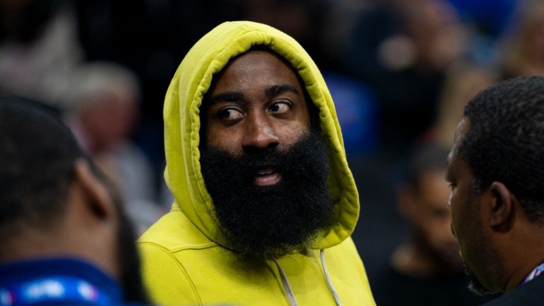 James Harden looks on during the second half of an NBA basketball game against the Portland Trail Blazers, Sunday, Oct. 29, 2023, in Philadelphia. (Chris Szagola/AP Photo)