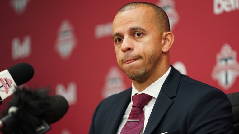 Jason Hernandez, the newly-appointed general manager of Toronto FC, speaks to the media during a press conference in Toronto on Tuesday, June 27, 2023. (Arlyn McAdorey/CP)