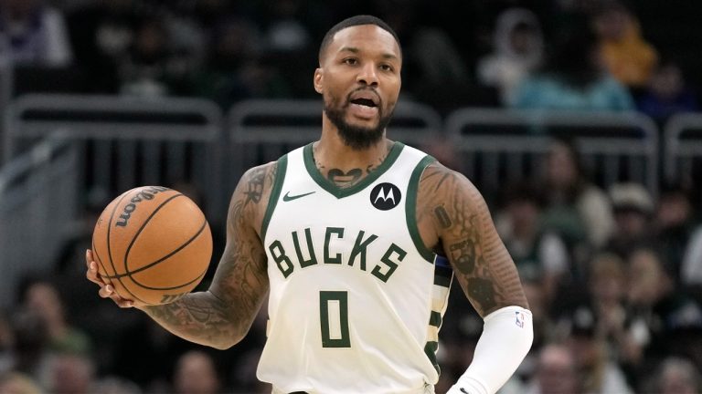 Milwaukee Bucks' Damian Lillard during the first half of a preseason NBA basketball game against the Memphis Grizzlies Friday, Oct. 20, 2023, in Milwaukee. (Morry Gash/AP)