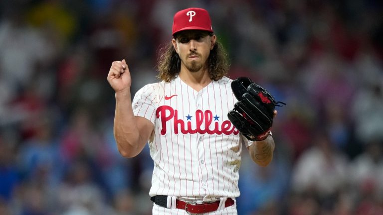 Philadelphia Phillies pitcher Michael Lorenzen reacts after the Phillies won a baseball game against the New York Mets, Sunday, Sept. 24, 2023, in Philadelphia. (Matt Slocum/AP)