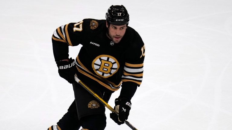 Boston Bruins left wing Milan Lucic (17) during a hockey game, Tuesday, Oct. 3, 2023, in Boston. (Charles Krupa/AP)