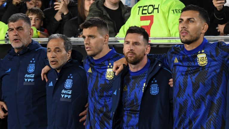 Argentina's Lionel Messi, second from right, embraces with teammates prior to a qualifying soccer match for the FIFA World Cup 2026 against Paraguay at the Monumental stadium in Buenos Aires, Argentina, Thursday, Oct. 12, 2023. (Gustavo Garello/AP)