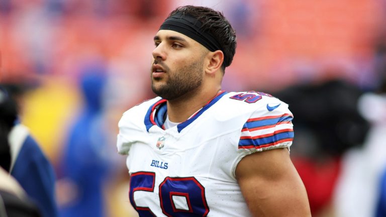 Buffalo Bills linebacker Matt Milano (58) pictured after an NFL football game against the Washington Commanders, Sunday, September 24, 2023 in Landover, Maryland. (Daniel Kucin Jr./AP)