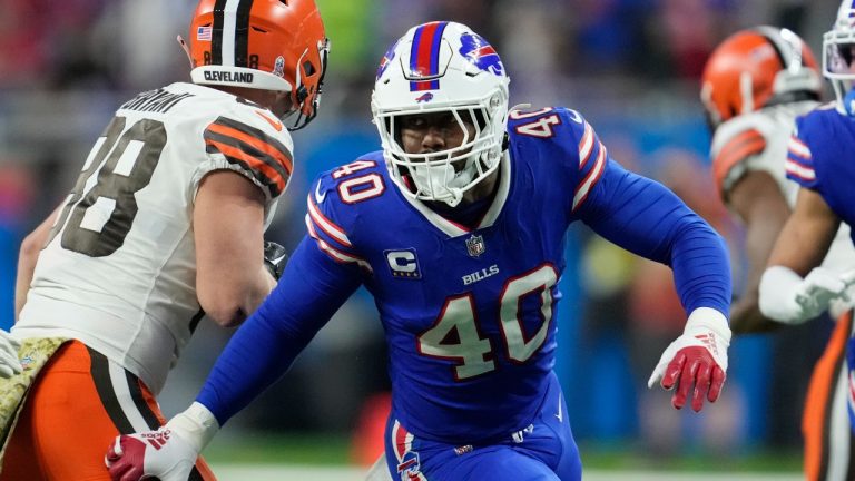 FILE - Buffalo Bills linebacker Von Miller plays during the second half of an NFL football game against the Cleveland Browns, Sunday, Nov. 20, 2022, in Detroit. (Paul Sancya/AP)