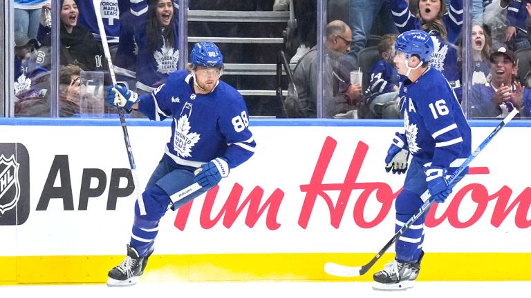 Toronto Maple Leafs' William Nylander (left) celebrates his goal against the Detroit Red Wings with Mitchell Marner during first period NHL preseason hockey action. (Chris Young/THE CANADIAN PRESS)