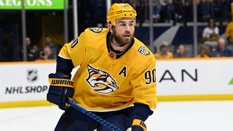 Nashville Predators center Ryan O'Reilly (90) plays against the San Jose Sharks during the first period of an NHL hockey game Saturday, Oct. 21, 2023, in Nashville, Tenn. (Mark Zaleski/AP)