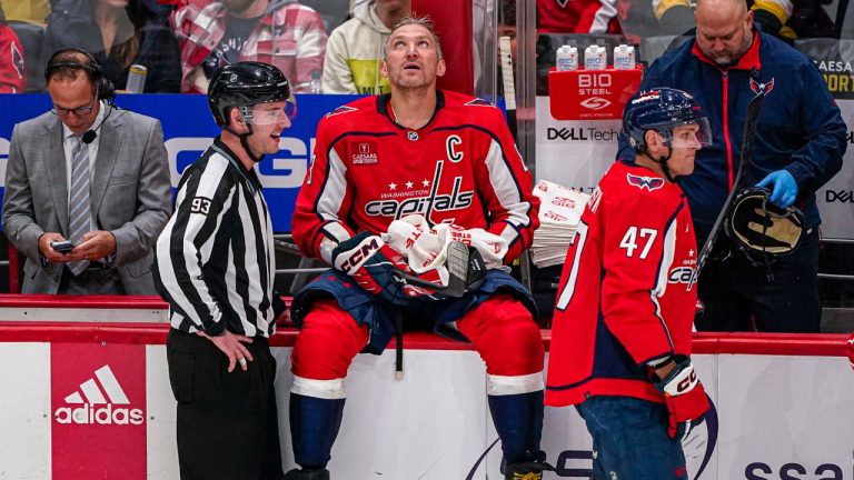 Washington Capitals' Alex Ovechkin sits on the boards during a timeout in the third period of the team's NHL hockey game against the Pittsburgh Penguins, Friday, Oct. 13, 2023, in Washington. (Andrew Harnik/AP Photo)