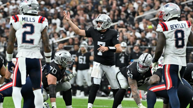 Las Vegas Raiders quarterback Brian Hoyer gestures as he starts a play during the second half of an NFL football game against the New England Patriots, Sunday, Oct. 15, 2023, in Las Vegas. (David Becker/AP)