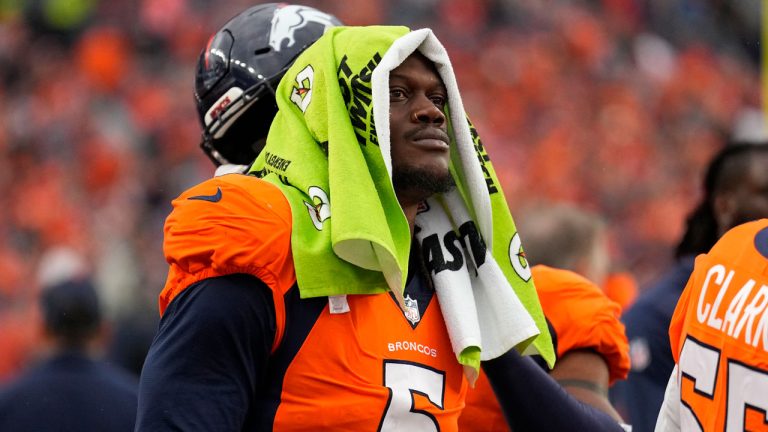 Denver Broncos linebacker Randy Gregory (5) looks on against the Las Vegas Raiders during an NFL football game. (Jack Dempsey/AP)