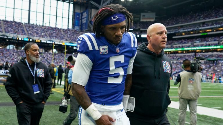 Indianapolis Colts quarterback Anthony Richardson (5) leaves the field after being injured during the first half of an NFL football game against the Tennessee Titans, Sunday, Oct. 8, 2023, in Indianapolis. (Darron Cummings/AP)