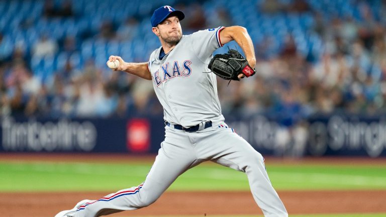 Texas Rangers starting pitcher Max Scherzer (31) works against the Toronto Blue Jays during third inning American League MLB baseball action in Toronto, on Tuesday, Sept. 12, 2023. (Spencer Colby/CP)