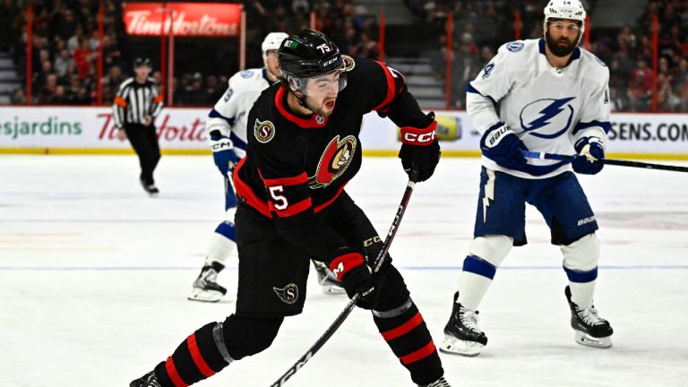 Ottawa Senators left wing Egor Sokolov (75) takes a shot against the Tampa Bay Lightning during second period NHL hockey action in Ottawa, on Saturday, April 8, 2023. (Justin Tang/CP)