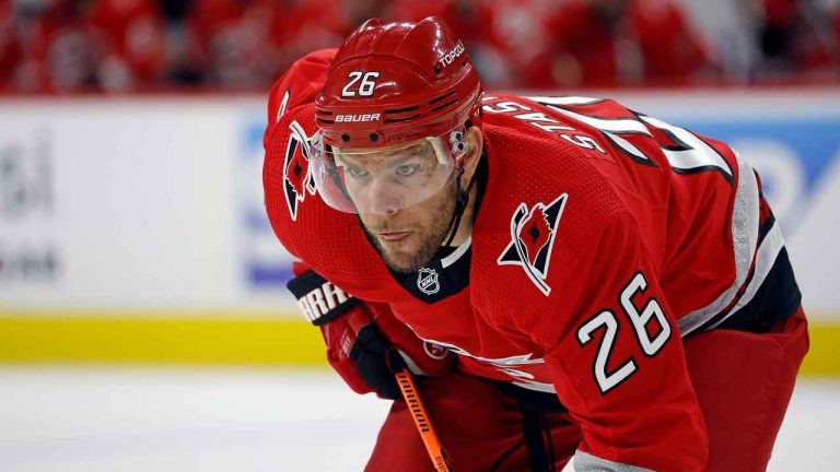 Carolina Hurricanes' Paul Stastny (26) watches the puck against the New Jersey Devils during the second period of Game 2 of an NHL hockey Stanley Cup second-round playoff series. (Karl B DeBlaker/AP)