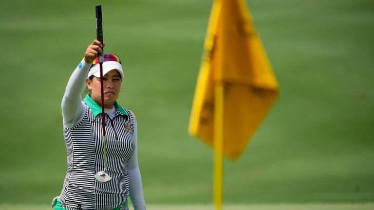 Jasmine Suwannapura of Thailand lines up a putt on the 18th hole during the second round of the LPGA Maybank Championship in Kuala Lumpur, Malaysia, Friday, Oct. 27, 2023. (Vincent Thian/AP)