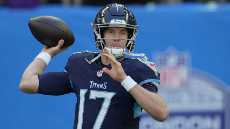 Tennessee Titans quarterback Ryan Tannehill (17) warms up before an NFL football game against the Baltimore Ravens, Sunday, Oct. 15, 2023, at the Tottenham Hotspur stadium in London. (Kin Cheung/AP)