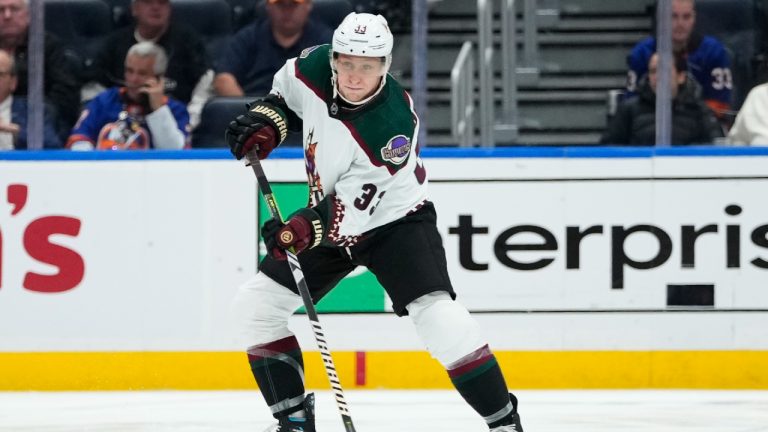 Arizona Coyotes' Travis Dermott (33) during the first period of an NHL hockey game against the New York Islanders Tuesday, Oct. 17, 2023, in Elmont, N.Y. (Frank Franklin II/AP)