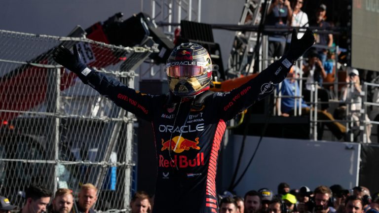 Red Bull driver Max Verstappen of the Netherlands celebrates after winning the Formula One Mexico Grand Prix auto race at the Hermanos Rodriguez racetrack in Mexico City, Sunday, Oct. 29, 2023. (Fernando Llano/AP)