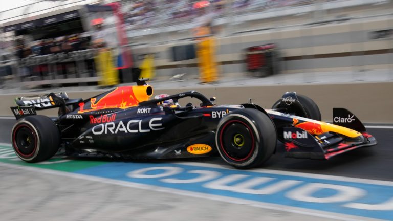 Red Bull driver Max Verstappen of the Netherlands leaves the pit lane during the first practice session ahead of the Qatar Formula One Grand Prix at the Lusail International Circuit in Lusail, Qatar, Friday, Oct. 6, 2023. (Darko Bandic/AP)