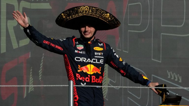 Red Bull driver Max Verstappen of the Netherlands celebrates after winning the Formula One Mexico Grand Prix auto race at the Hermanos Rodriguez racetrack in Mexico City, Sunday, Oct. 29, 2023. (Fernando Llano/AP)