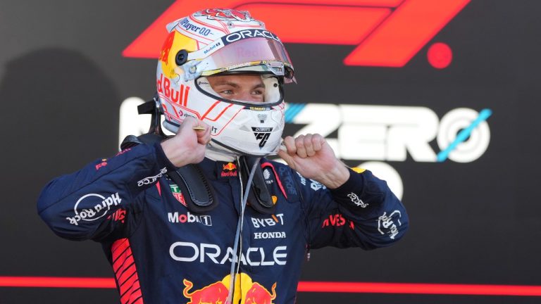 Red Bull driver Max Verstappen of the Netherlands celebrates after winning the Japanese Formula One Grand Prix at the Suzuka Circuit, Suzuka, central Japan, Sunday, Sept. 24, 2023. (Toru Hanai/AP)