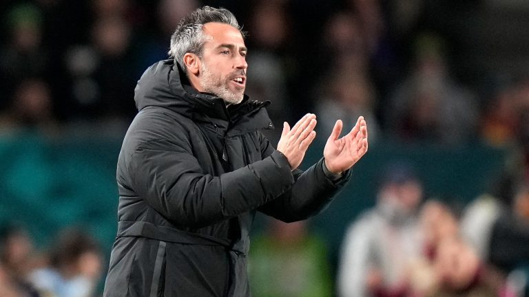 FILE - Jorge Vilda, then head coach of Spain, reacts during the Women's World Cup semifinal soccer match between Sweden and Spain at Eden Park in Auckland, New Zealand, Tuesday, Aug. 15, 2023. (Alessandra Tarantino/AP)