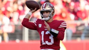 San Francisco 49ers quarterback Brock Purdy (13) passes against the Tampa Bay Buccaneers during the second half of an NFL football game in Santa Clara, Calif., Sunday, Nov. 19, 2023. (Godofredo A. Vásquez/AP)