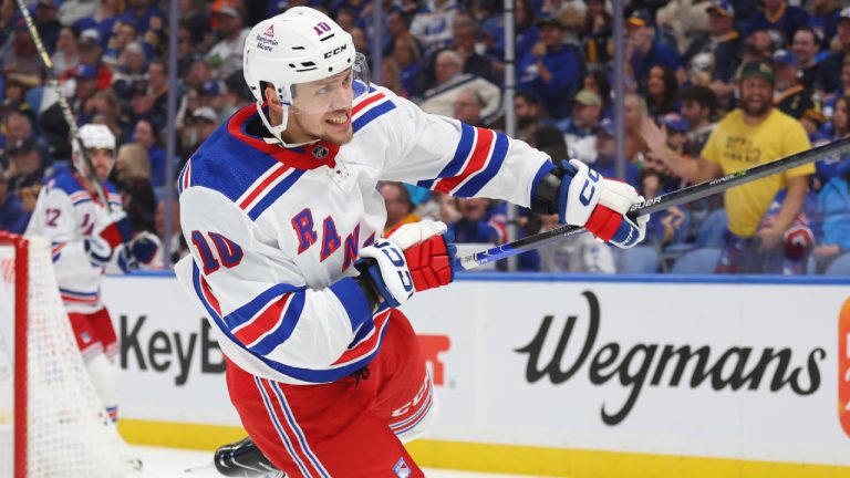 New York Rangers left wing Artemi Panarin (10) celebrates after his goal during the second period of an NHL hockey game against the Buffalo Sabres, Thursday, Oct, 12, 2023, in Buffalo, N.Y. (Jeffrey T. Barnes/AP)