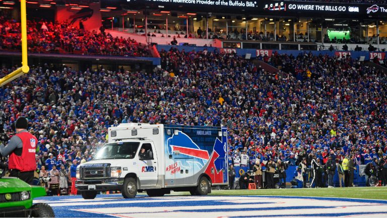 Buffalo Bills safety Taylor Rapp is taken from the field in an ambulance after being injured on a play during the first half of an NFL football game against the New York Jets in Orchard Park, N.Y., Sunday, Nov. 19, 2023. (Adrian Kraus/AP)