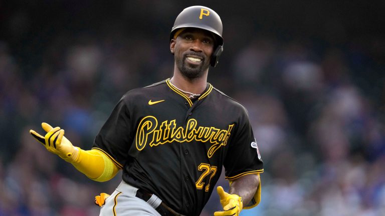 Pittsburgh Pirates' Andrew McCutchen heads to first and celebrates his leadoff home run off Chicago Cubs pitcher Drew Smyly during the first inning of a baseball game Wednesday, June 14, 2023, in Chicago. (Charles Rex Arbogast/AP)