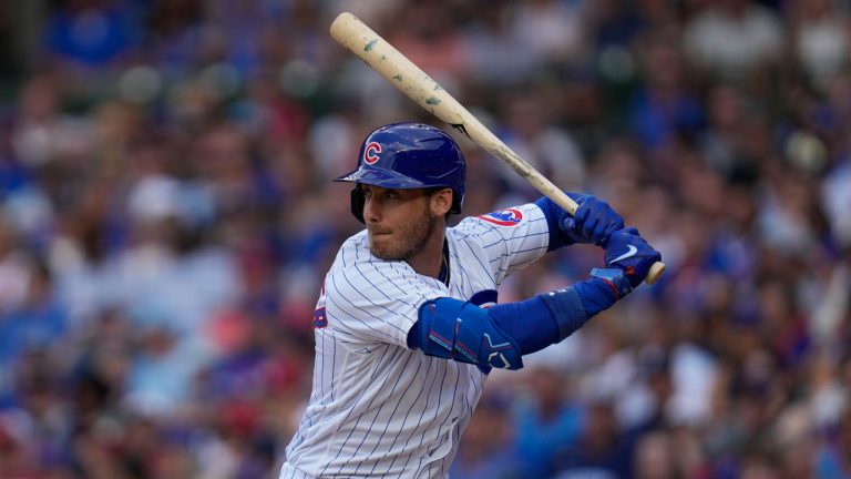 Chicago Cubs' Cody Bellinger waits for a pitch during an at bat during the first inning of a baseball game against the St. Louis Cardinals Saturday, July 22, 2023, in Chicago. (Erin Hooley/AP)