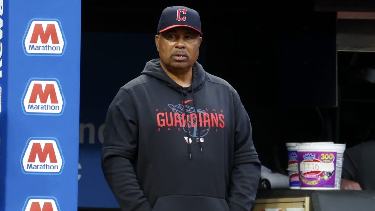 Cleveland Guardians acting manager DeMarlo Hale watches from the dugout during the first inning of a baseball game against the Toronto Blue Jays, Monday, Aug. 7, 2023, in Cleveland. (Ron Schwane/AP)