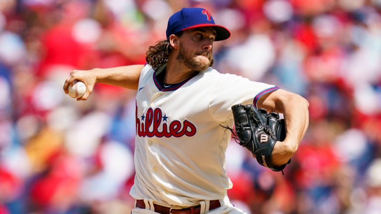 Philadelphia Phillies starting pitcher Aaron Nola delivers during the baseball game against the St. Louis Cardinals, Sunday, Aug. 27, 2023, in Philadelphia. The Phillies won 3-0. (Chris Szagola/AP)