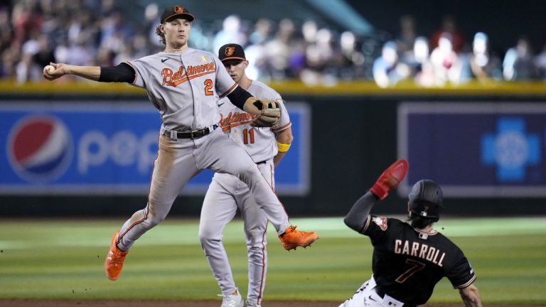 Baltimore Orioles shortstop Gunnar Henderson (2) throws to first base to get out Arizona Diamondbacks' Ketel Marte after forcing out Diamondbacks' Corbin Carroll (7) as Orioles second baseman Jordan Westburg (11) looks on during the seventh inning of a baseball game Sunday, Sept. 3, 2023, in Phoenix. (Ross D. Franklin/AP)