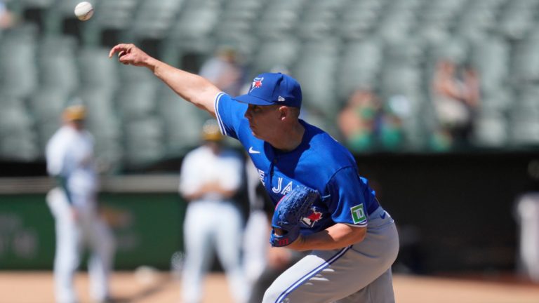 Toronto Blue Jays pitcher Chad Green during a baseball game against the Oakland Athletics in Oakland, Calif., Wednesday, Sept. 6, 2023. (Jeff Chiu/AP) 