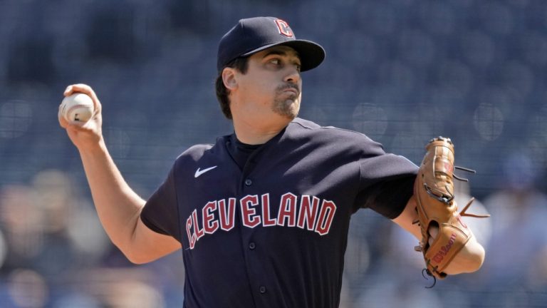 Cleveland Guardians starting pitcher Cal Quantrill throws during the first inning of a baseball game against the Kansas City Royals Monday, Sept. 18, 2023, in Kansas City, Mo. (Charlie Riedel/AP)