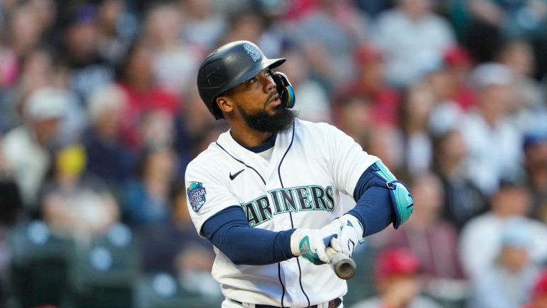 Seattle Mariners' Teoscar Hernandez looks on during an at-bat during a baseball game against the Los Angeles Angels, Monday, Sept. 11, 2023, in Seattle. (Lindsey Wasson/AP)