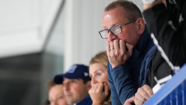 Toronto Maple Leafs new general manager Brad Treliving watches practice during the opening week of their NHL training camp in Toronto, Thursday, Sept. 21, 2023. (Nathan Denette/CP)