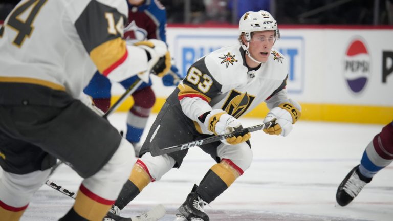 Vegas Golden Knights right wing Ben Hemmerling against the Colorado Avalanche in the third period of a preseason NHL hockey game Monday, Sept. 25, 2023, in Denver. (David Zalubowski/AP) 