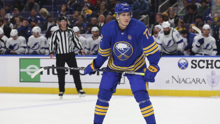 Buffalo Sabres forward Tage Thompson (72) lines up for a faceoff during the first period of an NHL hockey game against the Tampa Bay Lightning Tuesday, Oct. 17, 2023, in Buffalo, N.Y. (Jeffrey T. Barnes/AP)