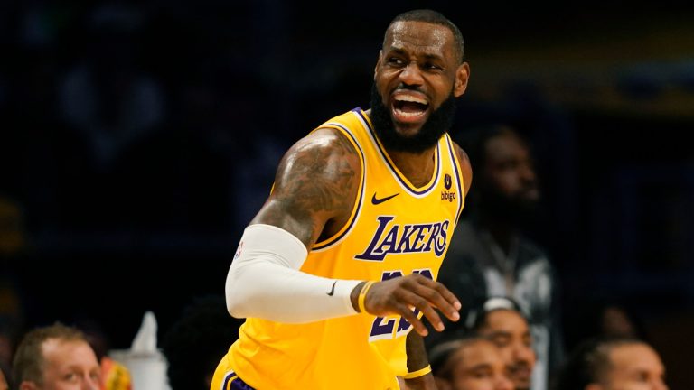 Los Angeles Lakers forward LeBron James reacts after missing a three point attempt during the second half of an NBA basketball game against the Orlando Magic, Monday, Oct. 30, 2023, in Los Angeles. (AP Photo/Ryan Sun) 