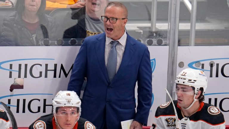 Anaheim Ducks head coach Greg Cronin stands behind his bench during the first period of an NHL hockey game against the Anaheim Ducks in Pittsburgh, Monday, Oct. 30, 2023. (AP)